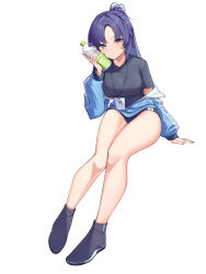 Rule 34 | 1girl, absurdres, bare legs, black footwear, black shirt, blue archive, blue buruma, blue jacket, bottle, breasts, buruma, expressionless, full body, gym uniform, half updo, hand up, highres, holding, id card, invisible chair, jacket, large breasts, long hair, long sleeves, looking at viewer, off shoulder, official alternate costume, parted bangs, purple eyes, purple hair, shirt, shoes, short sleeves, simple background, sitting, solo, thighs, water bottle, white background, yuuka (blue archive), yuuka (track) (blue archive), ziro (zirorong)