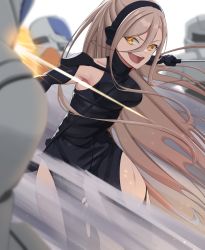 Rule 34 | 1girl, a-91 (girls&#039; frontline), a-91 (inflammable oolong tea) (girls&#039; frontline), act (xadachit), black bodysuit, black gloves, blonde hair, bodysuit, breasts, brown eyes, dated commentary, elbow gloves, feet out of frame, girls&#039; frontline, gloves, hair between eyes, headset, highres, holding, holding knife, knife, long hair, looking at viewer, medium breasts, open mouth, simple background, smile, standing, teeth, thighs, torn bodysuit, torn clothes, upper teeth only