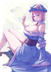 Rule 34 | 1girl, absurdres, arm support, bare shoulders, blue hat, blue kimono, bob cut, breasts, cleavage, closed mouth, detached collar, feet out of frame, frilled kimono, frills, from side, hat, highres, huge breasts, japanese clothes, kimono, knees up, looking at viewer, mirufui, mob cap, obi, off shoulder, pink eyes, pink hair, saigyouji yuyuko, sash, sitting, smile, solo, touhou, triangular headpiece, white background, wing collar