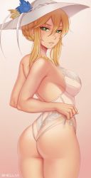 Rule 34 | 1girl, absurdres, artist name, artoria pendragon (all), artoria pendragon (fate), artoria pendragon (lancer) (fate), artoria pendragon (swimsuit ruler) (fate), artoria pendragon (swimsuit ruler) (second ascension) (fate), ass, bad id, bad pixiv id, bare arms, bare shoulders, blonde hair, blush, braid, breasts, bright pupils, casual one-piece swimsuit, commentary, commission, cowboy shot, english commentary, fate/grand order, fate (series), from behind, gradient background, green eyes, hair between eyes, hat, highres, large breasts, long hair, looking at viewer, looking back, one-piece swimsuit, parted lips, pink background, shellvi, smile, solo, sun hat, swimsuit, white hat, white one-piece swimsuit