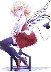 Rule 34 | 1girl, black thighhighs, blonde hair, commentary, crystal, english commentary, flandre scarlet, from side, full body, laevatein (tail), long sleeves, looking at viewer, medium hair, nail polish, on chair, pointy ears, puffy sleeves, red eyes, red footwear, red nails, red skirt, red vest, shirt, shoes, sitting, skirt, solo, stool, tail, thighhighs, touhou, tsuru (nekopanchi), vest, white background, white shirt, wings