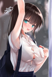 Rule 34 | 1girl, absurdres, arm up, armpits, artist name, bag, black bra, black skirt, blush, bra, breasts, brown hair, buttons, cellphone, cleavage, collarbone, collared shirt, commentary request, day, dress shirt, embarrassed, eyelashes, fingernails, green eyes, hand up, highres, large breasts, long fingernails, long hair, looking at viewer, nail polish, neco meito, open mouth, original, phone, pink nails, ponytail, school bag, school uniform, see-through, shirt, short sleeves, shoulder bag, sidelocks, skirt, smartphone, solo, sweatdrop, teeth, underwear, upper teeth only, white shirt, wing collar