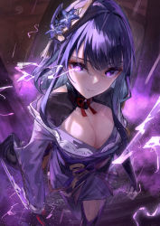 Rule 34 | 1girl, absurdres, black gloves, black thighhighs, blunt bangs, breasts, cleavage, closed mouth, electricity, fingerless gloves, flower, from above, genshin impact, gloves, glowing, glowing eye, hair flower, hair ornament, highres, japanese clothes, kimono, kimono pull, large breasts, long sleeves, looking at viewer, looking up, neck ribbon, off shoulder, outdoors, purple eyes, purple flower, purple hair, purple kimono, raiden shogun, rain, red ribbon, ribbon, shrug (clothing), solo, symbol in eye, thighhighs, vision (genshin impact), walking, wide sleeves, yu hydra