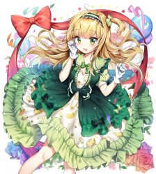 Rule 34 | 1girl, :d, balloon, blonde hair, bow, bowtie, cleavage cutout, clenched hands, clothing cutout, dress, flower, frilled dress, frills, gloves, green bow, green bowtie, green dress, green eyes, green hairband, hair bow, hairband, hand on own cheek, hand on own face, highres, lemon print, lolita fashion, lolita hairband, long hair, looking at viewer, one side up, open mouth, original, print dress, red ribbon, revision, ribbon, rose, short sleeves, sigi, smile, solo, streamers, white gloves