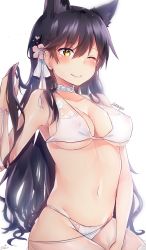 Rule 34 | 1girl, alternate costume, animal ears, arm support, atago (azur lane), atago (summer march) (azur lane), azur lane, bare shoulders, between legs, bikini, bikini tug, black hair, blush, bow, breasts, brown eyes, character name, choker, closed mouth, collarbone, covered erect nipples, extra ears, flower, groin, hair bow, hair flower, hair ornament, hand between legs, hand in own hair, highres, large breasts, leaning back, long hair, looking at viewer, mole, mole under eye, navel, one eye closed, ponytail, ribbon, sarong, see-through, sidelocks, signature, simple background, sitting, skindentation, smile, solo, stomach, swimsuit, thighs, untied bikini, very long hair, white background, white bikini, white bow, white sarong, wrist ribbon, yuteke key