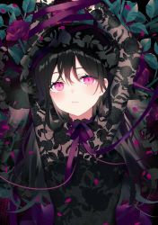 Rule 34 | 1girl, achiki, arms up, bad id, bad twitter id, black dress, black hair, breasts, closed mouth, dress, expressionless, floral print, flower, leaf, long hair, looking at viewer, original, petals, pink eyes, purple flower, purple ribbon, ribbon, rose, small breasts, solo, upper body