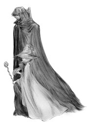 Rule 34 | 1boy, 1girl, berserk, black cloak, cloak, greyscale, guts (berserk), hat, height difference, highres, holding, holding staff, hood, hooded cloak, monochrome, schierke (berserk), simple background, staff, vislsn2, white background, witch, witch hat