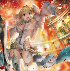 Rule 34 | 10s, 1girl, :d, aestus estus, ahoge, alle gro, armpits, belt, blonde hair, border, breasts, chain, cleavage, colosseum, detached collar, detached sleeves, fate/extra, fate/extra ccc, fate (series), garter belt, garter straps, gloves, green eyes, hair intakes, indoors, large breasts, leotard, lock, looking at viewer, nero claudius (bride) (fate), nero claudius (bride) (second ascension) (fate), nero claudius (fate), nero claudius (fate) (all), open mouth, outstretched arms, padlock, petals, planted, planted sword, planted weapon, short hair, showgirl skirt, skindentation, smile, solo, standing, strapless, strapless leotard, striped clothes, striped thighhighs, sword, thighhighs, veil, vertical-striped clothes, vertical-striped thighhighs, weapon, white gloves, white leotard, wide sleeves, zipper