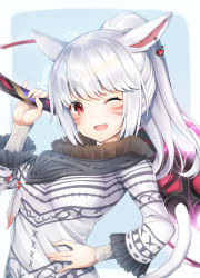 Rule 34 | 1girl, animal ears, bad id, bad pixiv id, blush, breasts, cat ears, cat tail, earrings, facial mark, fang, final fantasy, final fantasy xiv, hand on own hip, heart, heart earrings, holding, holding weapon, jewelry, kanora, long hair, looking at viewer, medium breasts, miqo&#039;te, one eye closed, open mouth, over shoulder, ponytail, red eyes, simple background, slit pupils, solo, tail, upper body, warrior of light (ff14), weapon, weapon over shoulder, whisker markings, white hair