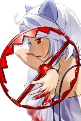 Rule 34 | 1girl, animal ears, bear trap, blood, blood on face, blood on hands, corrupted twitter file, dog ears, fang, from side, grey hair, highres, kaigen 1025, mitsugashira enoko, purple shirt, red eyes, shirt, short hair, simple background, solo, touhou, upper body, white background