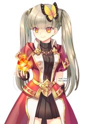Rule 34 | 1girl, bad id, bad pixiv id, coat, dress, fingerless gloves, fire, gloves, lips, long hair, long twintails, orange eyes, plaid, plaid skirt, puffy short sleeves, puffy sleeves, pyromancer (tree of savior), red coat, short sleeves, silver hair, simple background, skirt, smile, solo, tree of savior, trianon, twintails, white background