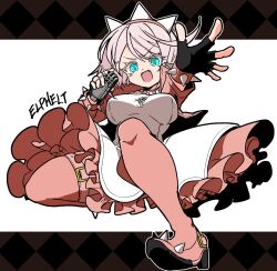 Rule 34 | 1girl, aqua eyes, black gloves, boots, bracelet, breasts, character name, collar, dress, elphelt valentine, fingerless gloves, frilled dress, frills, gloves, guilty gear, guilty gear strive, hairband, highres, holding, holding microphone, jewelry, large breasts, long sleeves, looking at viewer, microphone, omusubi5498, open mouth, pink dress, pink footwear, pink hairband, short hair, smile, spiked bracelet, spiked collar, spiked hairband, spikes, thigh boots, two-tone dress, white dress, white hair