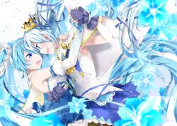 Rule 34 | 2girls, adapted costume, agonasubi, amulet, aqua eyes, aqua hair, aqua nails, arm around waist, armpits, bare shoulders, beamed eighth notes, black legwear, blue dress, blurry, blurry foreground, blush, bow, bowtie, cape, capelet, crown, dancing, detached sleeves, dress, dual persona, fingerless gloves, flower, forehead-to-forehead, framed breasts, frilled dress, frilled sleeves, frills, from side, gloves, gold trim, hair ornament, hair ribbon, hatsune miku, heads together, holding hands, lily (flower), long hair, multiple girls, musical note, musical note hair ornament, nail polish, open mouth, pantyhose, princess, puffy sleeves, purple gloves, ribbon, shirt, sleeveless, sleeveless shirt, smile, star (symbol), tiara, twintails, upper body, very long hair, vocaloid, yuki miku, yuki miku (2014), yuki miku (2019), yuri