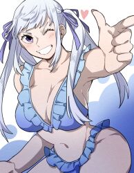 Rule 34 | 1girl, bikini, black clover, blue background, blue bikini, blue ribbon, blush, breasts, cleavage, clenched teeth, closed mouth, frilled bikini, frills, grey hair, hair ribbon, heart, highres, hinata (eine blume), index finger raised, large breasts, navel, noelle silva, one eye closed, pointing, pointing at viewer, purple eyes, ribbon, smile, solo, stomach, swimsuit, teeth, twintails, white background