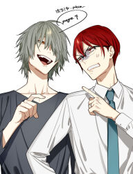 Rule 34 | 2boys, blue necktie, clenched teeth, collared shirt, commentary request, copyright name, dress shirt, glasses, grey hair, grey shirt, hagiwara daisuke, hair over one eye, hand up, hori-san to miyamura-kun, hori kyousuke, index finger raised, jewelry, long sleeves, looking at another, male focus, multiple boys, necktie, open mouth, orange eyes, pointing, pointing at another, red eyes, red hair, ring, sengoku takeru, shirt, short hair, simple background, teeth, upper body, upper teeth only, white background, white shirt