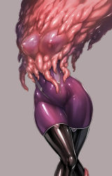 Rule 34 | 1girl, bodysuit, boots, breasts, cameltoe, covered erect nipples, head out of frame, impossible bodysuit, impossible clothes, kamori sayaka, latex, lower body, original, purple bodysuit, rindou (radical dream), shiny clothes, skin tight, solo, struggling, tentacles, thigh boots, thighhighs, thighs, vore, wide hips