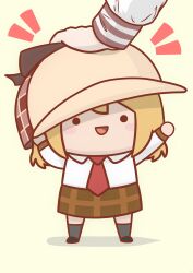 Rule 34 | . ., 2girls, :d, ^^^, absurdres, black footwear, blonde hair, blush stickers, brown headwear, brown skirt, chibi, commentary, deerstalker, full body, grey socks, hands up, hat, headpat, highres, hololive, hololive english, long sleeves, looking up, multiple girls, necktie, open mouth, oversized hat, phdpigeon, plaid, plaid skirt, red necktie, shirt, shoes, simple background, skirt, smile, smol ame, socks, solid circle eyes, solo focus, standing, symbol-only commentary, virtual youtuber, watson amelia, white shirt, yellow background