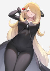 Rule 34 | 1girl, absurdres, black coat, black pants, black shirt, blonde hair, breasts, coat, commentary request, creatures (company), cynthia (pokemon), fur-trimmed coat, fur trim, game freak, grey eyes, hair ornament, hair over one eye, hand up, highres, holding, holding poke ball, long hair, long sleeves, looking at viewer, nintendo, pants, parted lips, poke ball, poke ball (basic), pokemon, pokemon dppt, shirt, smile, solo, v-neck, very long hair, wavy hair, white background, zijiang