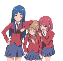 Rule 34 | 3girls, aisaka taiga, artist request, blazer, blue eyes, blue hair, blue skirt, brown eyes, brown hair, buttons, closed mouth, collared shirt, commentary request, double-breasted, elbow on another&#039;s head, highres, hug, jacket, kawashima ami, kushieda minori, long hair, long sleeves, looking at another, medium hair, multiple girls, neck ribbon, one eye closed, oohashi high school uniform, open mouth, purple eyes, red hair, red jacket, red ribbon, ribbon, school uniform, shirt, simple background, skirt, split mouth, toradora!, white background, white shirt