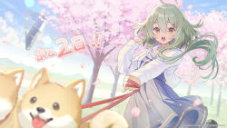 Rule 34 | 1girl, :o, ahoge, aircraft, airship, alternate costume, ayame (3103942), blue dress, blue sky, brown eyes, catherine (eversoul), cherry blossoms, commentary, company name, copyright notice, countdown, dog, dress, eversoul, falling petals, green hair, hair between eyes, hair ornament, hairclip, holding, holding leash, jacket, leash, long sleeves, looking at another, official art, outdoors, pet, petals, pink petals, promotional art, short hair, sky, sleeves past wrists, solo, spacecraft, welsh corgi, white jacket