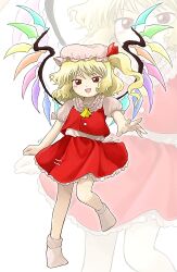 Rule 34 | 1girl, :d, absurdres, ascot, blonde hair, commentary, crystal, flandre scarlet, full body, hat, hat ribbon, highres, looking at viewer, medium hair, mob cap, one side up, open mouth, parody, rainbow gradient, red eyes, red ribbon, red vest, ribbon, sakumo (okura oishiiii), shirt, smile, socks, solo, style parody, symbol-only commentary, touhou, vest, white hat, white shirt, wings, yellow ascot, zoom layer, zun (style)