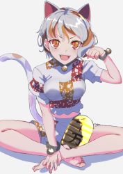 Rule 34 | 1girl, :d, absurdres, animal ears, barefoot, bell, black collar, blush, bracelet, breasts, cat ears, cat tail, coin, collar, commentary request, crop top, danboru (jdanboru1182), fang, goutokuji mike, hand up, highres, indian style, jewelry, jingle bell, looking at viewer, maneki-neko, medium breasts, midriff, multicolored hair, open mouth, orange eyes, paw pose, puffy short sleeves, puffy sleeves, shirt, short hair, short sleeves, shorts, silver hair, sitting, slit pupils, smile, solo, streaked hair, swept bangs, tail, toes, touhou, v-shaped eyebrows, white shirt, white shorts