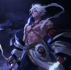 Rule 34 | 1boy, abs, asura (dungeon and fighter), belt, closed mouth, dungeon and fighter, empty eyes, forehead jewel, highres, holding, holding weapon, jewelry, lightning, looking afar, lumispecter, male focus, muscular, muscular male, necklace, pectorals, short hair, slayer (dungeon and fighter), sleeveless, solo, storm, sword, tattoo, topless male, weapon, white hair, yin yang