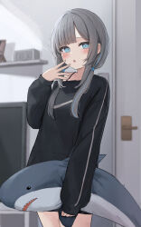 Rule 34 | 1girl, :o, absurdres, black shirt, blue eyes, blue hair, blush, clock, commentary request, digital clock, door, dot nose, grey hair, hand to own mouth, highres, holding, holding stuffed toy, hugging object, ikea shark, indoors, long bangs, long hair, long sleeves, looking at viewer, low twintails, multicolored hair, no pants, open mouth, original, shelf, shirt, sidelocks, sleeves past wrists, solo, streaked hair, stuffed animal, stuffed shark, stuffed toy, tanshio, television, twintails