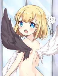 Rule 34 | !?, 1girl, :o, ass, asymmetrical wings, back, black wings, blonde hair, blue eyes, blush, breasts, feathered wings, from behind, glass, holding, holding towel, looking at viewer, looking back, marl (shironeko project), medium hair, mismatched wings, nude, shironeko project, solo, standing, sunameri (pixiv3564245), teeth, towel, upper teeth only, wet, white wings, wings