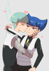Rule 34 | 2boys, black shirt, blue eyes, blue hair, blunt bangs, blush, bulge, closed eyes, closed mouth, clothes tug, commentary request, creatures (company), erection, erection under clothes, game freak, green hair, grey background, heart, highres, hug, kiss, kono2noko, logo, looking at viewer, male focus, multiple boys, nintendo, pokemon, pokemon dppt, saturn (pokemon), shirt, short hair, sweat, team galactic grunt, translation request, vest, white vest, yaoi