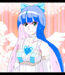Rule 34 | 10s, 1girl, angel wings, bad id, bad pixiv id, bare shoulders, breasts, choker, colored inner hair, female focus, green eyes, hair ribbon, heart, letterboxed, multicolored hair, panty &amp; stocking with garterbelt, ribbon, smile, solo, stocking (psg), tukimineko, two-tone hair, wings