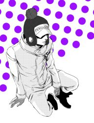Rule 34 | 1boy, character name, color background, earflap hat, hat, hat pompom, heart pirates, ibumomo823, jolly roger, jumpsuit, male focus, monochrome, one piece, penguin (one piece), pirate, pixiv sample, polka dot, polka dot background, sitting, solo