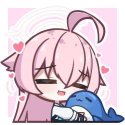 Rule 34 | 1girl, ahoge, aqua necktie, blue archive, chibi, closed eyes, commentary request, hair between eyes, halo, heart, hoshino (blue archive), long hair, long sleeves, lowres, momori sensei, necktie, hugging object, open mouth, pink background, pink hair, shirt, solo, stuffed animal, stuffed toy, upper body, whale, white shirt