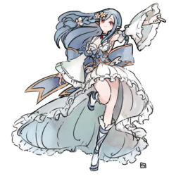 Rule 34 | 1girl, armpits, blue corset, blue footwear, blue hair, bow, braid, breasts, closed mouth, commentary request, corset, detached sleeves, dress, flower, frilled dress, frilled sleeves, frills, full body, hair bow, hair flower, hair ornament, kneehighs, kusabi (aighe), looking at viewer, official alternate costume, pink hair, pointy ears, ragnarok online, side braid, simple background, single braid, sleeveless, sleeveless dress, small breasts, smile, socks, solo, wanderer (ragnarok online), white background, white bow, white dress, white flower, white sleeves, white socks, wide sleeves