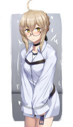 Rule 34 | 1girl, :&lt;, absurdres, ahoge, alternate costume, artoria pendragon (fate), black choker, blonde hair, blush, braid, breasts, choker, collarbone, commentary request, fate/grand order, fate (series), glasses, hair between eyes, highres, jacket, looking at viewer, medium breasts, mysterious heroine x alter (fate), nonderi, semi-rimless eyewear, shirt, sleeves past wrists, solo, white jacket, white shirt, yellow eyes