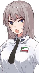 Rule 34 | 1girl, alternate costume, anzio school uniform, black necktie, blue eyes, commentary, dress shirt, emblem, fang, frown, girls und panzer, highres, itsumi erika, long sleeves, looking at viewer, medium hair, necktie, open mouth, school uniform, shirt, silver hair, simple background, skin fang, solo, sweatdrop, upper body, white background, white shirt, wing collar, zono (inokura syuzo029)