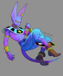 Rule 34 | 1boy, armlet, arms at sides, beerus, blue pants, boots, bracelet, brown footwear, dragon ball, dragon ball super, dragon ball z kami to kami, ear piercing, earrings, egyptian clothes, floating, frown, full body, grey background, jewelry, kinjuu (hariharitt), looking away, male focus, necklace, pants, piercing, profile, simple background, solo, tail, topless male, twitter username