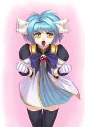 Rule 34 | 00s, 1girl, animal ears, blue hair, galaxy angel, gloves, gradient background, green eyes, looking at viewer, mint blancmanche, open mouth, pink background, puffy sleeves, short hair, simple background, solo, thighhighs, yellow eyes