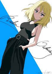 Rule 34 | 10s, 1girl, artist name, belt, black belt, black pants, black shirt, blonde hair, blue background, blue eyes, bukkuri, character name, commentary, cowboy shot, cursive, dated, girls und panzer, hands in pockets, looking at viewer, medium hair, messy hair, oshida (girls und panzer), pants, parted lips, shirt, signature, solo, standing, tank top, two-tone background