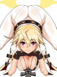 Rule 34 | 1girl, ahoge, ankh, ass, belt, belt skirt, black gloves, blonde hair, blush, bodysuit, breasts, buckle, cleavage, spiked halo, covered erect nipples, downblouse, dr.p, female focus, fingerless gloves, gloves, guilty gear, guilty gear xrd, hair between eyes, halo, interlocked fingers, jack-o&#039; valentine, jewelry, large breasts, legs apart, light smile, long hair, looking at viewer, multicolored hair, necklace, own hands clasped, own hands together, pantylines, purple eyes, red eyes, red hair, see-through, simple background, smile, solo, studded belt, thighs, top-down bottom-up, two-tone hair, white background