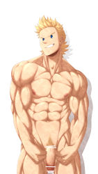 Rule 34 | 1boy, :d, abs, absurdres, bar censor, bara, blonde hair, blue eyes, boku no hero academia, censored, completely nude, cowboy shot, flaccid, flexing, highres, inunekostudio, male focus, muscular, muscular male, navel, nipples, nude, open mouth, pectorals, penis, short hair, smile, solo, spiked hair, stomach, thick thighs, thighs, togata mirio, veins, veiny penis