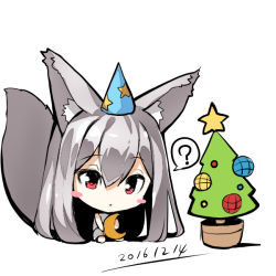 Rule 34 | 1girl, ?, animal ears, bare shoulders, blush stickers, chibi, christmas ornaments, christmas tree, closed mouth, crescent, dated, dress, fox ears, fox girl, fox tail, grey dress, hair between eyes, hat, head tilt, long hair, looking at viewer, original, party hat, red eyes, silver hair, simple background, sitting, sleeveless, sleeveless dress, solo, spoken question mark, star (symbol), tail, very long hair, white background, yuuji (yukimimi)
