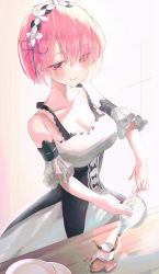 Rule 34 | 1girl, absurdres, alternate breast size, alternate costume, bare shoulders, black dress, blue hair, bow, breasts, cleavage, coffee cup, coffee mug, collarbone, cup, detached sleeves, disposable cup, dress, dress bow, frilled dress, frills, hair ornament, hair over one eye, hair ribbon, highres, holding, large breasts, looking down, maid, maid headdress, medium breasts, merryj, mug, pink hair, plate, ram (re:zero), re:zero kara hajimeru isekai seikatsu, ribbon, ribbon-trimmed dress, short hair, short sleeves, smile, solo, spilling, upper body