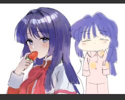 Rule 34 | 1girl, blue eyes, blue hair, blush, bow, bowtie, capelet, chibi, chibi inset, eating, expressionless, food, fruit, hair intakes, kanon, long hair, long sleeves, looking at viewer, minase nayuki, pajamas, paw print, red bow, red bowtie, school uniform, sketch, sleepy, solo, sonchi, strawberry, white background