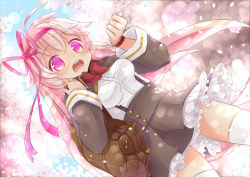 Rule 34 | 1girl, 515m, :d, ahoge, bag, cherry blossoms, dutch angle, female focus, from below, hairband, highres, long hair, open mouth, original, petals, pink eyes, pink hair, school bag, school uniform, smile, solo, thighhighs, watch, white thighhighs, wind, wristwatch, zettai ryouiki