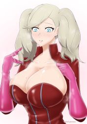 Rule 34 | 1girl, blue eyes, blush, bodysuit, breasts, cleavage, fanning self, full-length zipper, gloves, highres, large breasts, long hair, parted lips, persona, persona 5, pink gloves, pink lips, platinum blonde hair, red bodysuit, skillkill, solo, steaming body, sweat, nervous sweating, swept bangs, takamaki anne, teeth, twintails, zipper