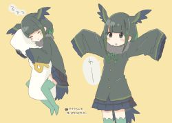 Rule 34 | 10s, 1girl, arms up, bird wings, black eyes, blush, body pillow, borrowed character, check translation, commentary request, fur collar, green hair, green ibis (kemono friends) (petit ramune), hasu (zatsugami), head wings, kemono friends, long sleeves, multiple views, neck ribbon, original, oversized clothes, partially translated, pillow, pleated skirt, ribbon, sidelocks, skirt, sleeping, sleeves past wrists, thighhighs, translation request, wings, zzz