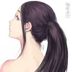 Rule 34 | 1girl, artist logo, closed mouth, from behind, long hair, nape, nude, original, ponytail, portrait, purple eyes, shu-mai, sideways glance, simple background, solo, white background