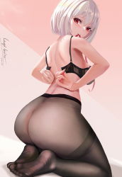 Rule 34 | 1girl, arms behind back, ass, back, bare arms, bare back, bare shoulders, black bra, blush, bra, breasts, brown pantyhose, dated, dressing, dutch angle, feet, from below, full body, highres, looking at viewer, looking back, lycoris recoil, median furrow, medium breasts, meginalter, mouth hold, nishikigi chisato, no panties, no shirt, no shoes, pantyhose, red eyes, ribbon, ribbon in mouth, see-through, see-through legwear, seiza, short hair, shoulder blades, signature, sitting, soles, solo, thighband pantyhose, toes, tying bra, underwear, white hair