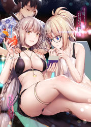 Rule 34 | 1boy, 2girls, bare legs, between breasts, bikini, black-framed eyewear, black bikini, black hair, black scrunchie, blonde hair, blue eyes, braid, breasts, closed eyes, closed mouth, collarbone, competition swimsuit, cup, fate/grand order, fate (series), fujimaru ritsuka (male), fujimaru ritsuka (male) (tropical summer), glasses, grin, hair ornament, hair scrunchie, hawaiian shirt, high ponytail, highres, holding, holding another&#039;s hair, holding cup, jeanne d&#039;arc alter (swimsuit berserker) (fate), jeanne d&#039;arc (fate), jeanne d&#039;arc (swimsuit archer) (fate), jeanne d&#039;arc (swimsuit archer) (second ascension) (fate), jeanne d&#039;arc alter (fate), jeanne d&#039;arc alter (swimsuit berserker) (fate), large breasts, long hair, low-tied long hair, mana (remana), massage, multiple girls, official alternate costume, one-piece swimsuit, sarong, scrunchie, shirt, silver hair, skindentation, smile, swimsuit, thighlet, very long hair, white one-piece swimsuit, yellow eyes